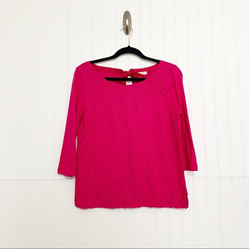 J. Crew Pink Eyelet 3/4 Sleeve Cotton Top